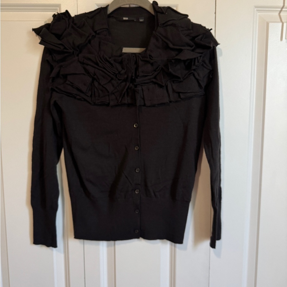 BOSS Hugo Boss Virgin Wool Ruffled Dark Brown Cardigan Size Small